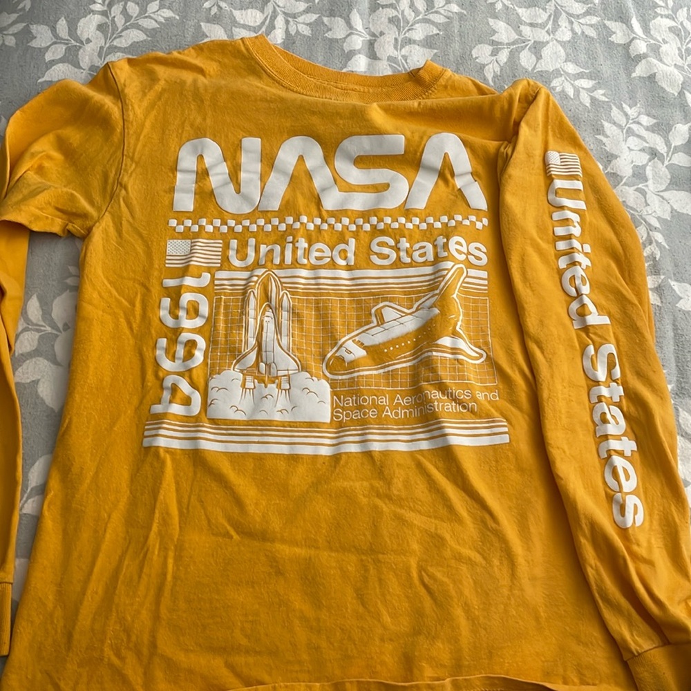 yellow nasa long sleeve shirt worn has my initials by the tag area